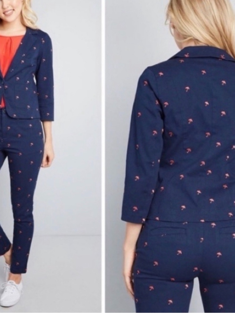 Modcloth Navy Blue Blazer with Coral Pink Palm Print